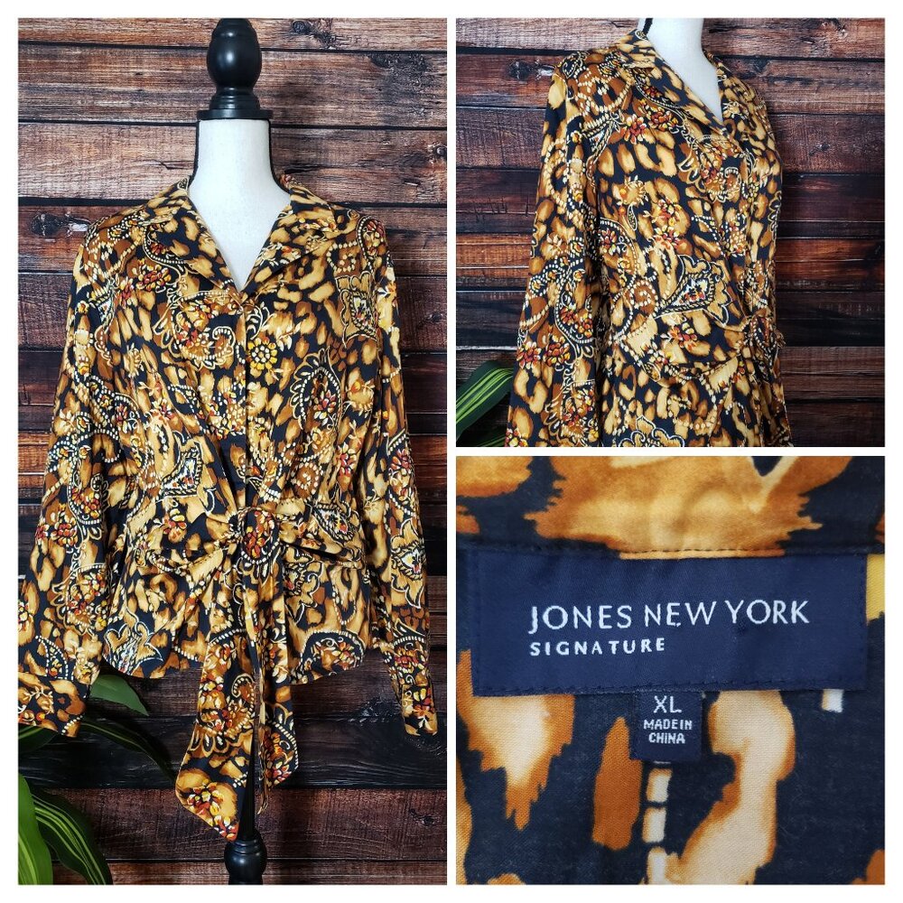 Jones New York Top XL Boho Button Tie Front Blouse Cotton
